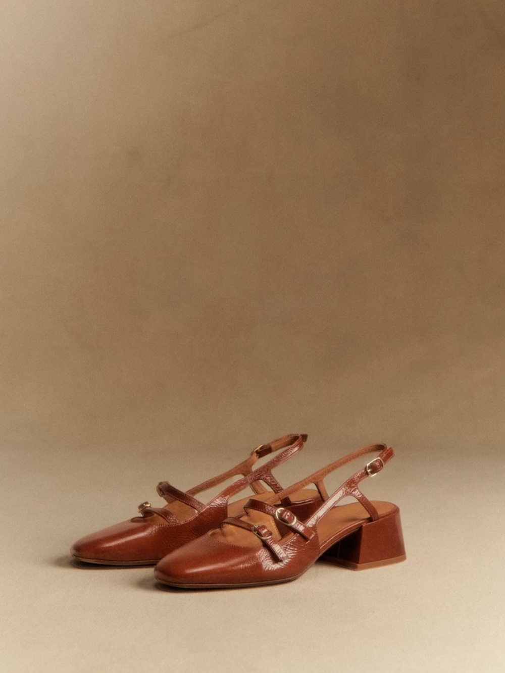 NEW: Sézane PAULA BABIES Leather Slingback Block Heel Pumps in Patent Carmel